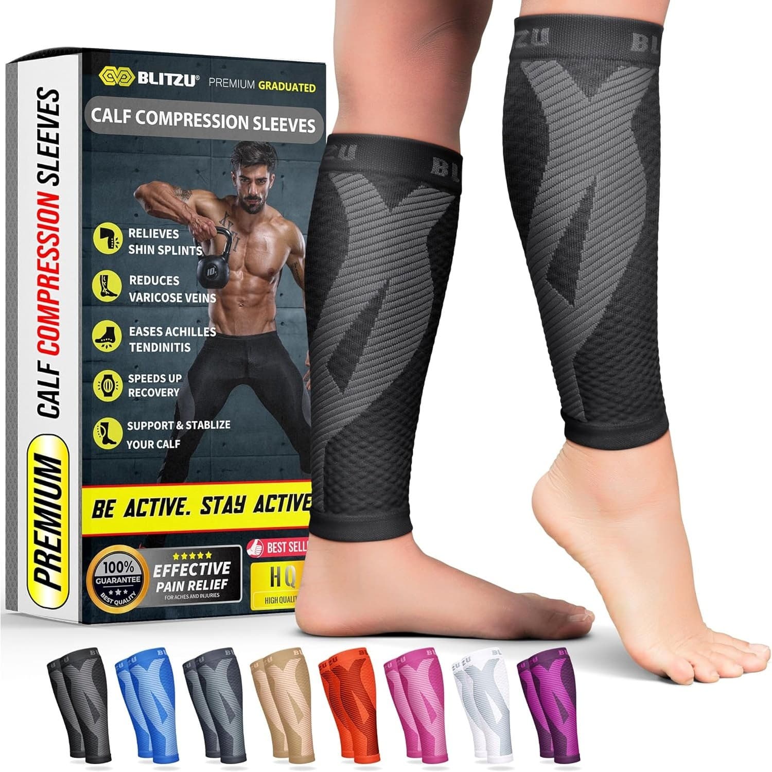 BLITZU Calf Compression Sleeves Shin Splints Support Leg Sleeves Men Women