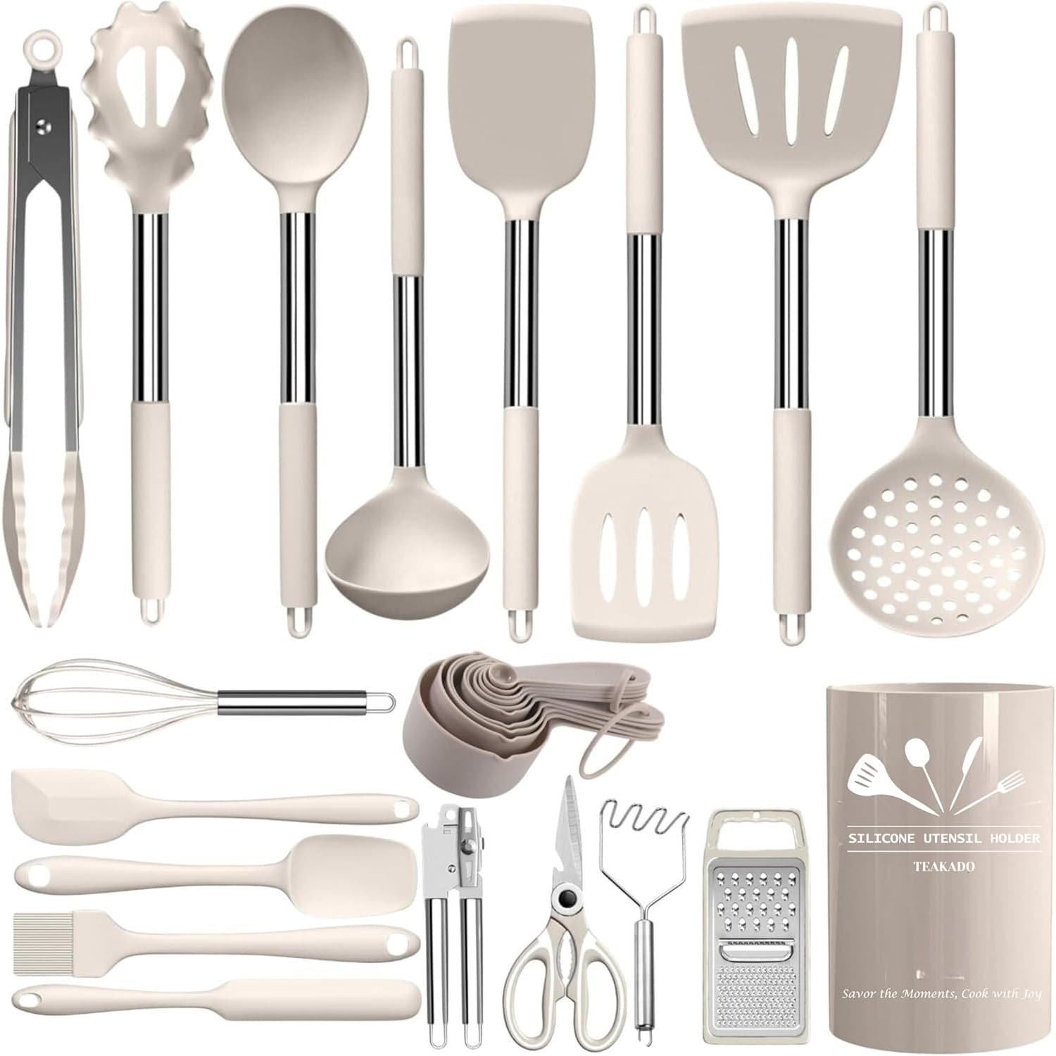 27PCS Silicone Kitchen Utensil Set Stainless Steel Handle Heat Resistant Khaki