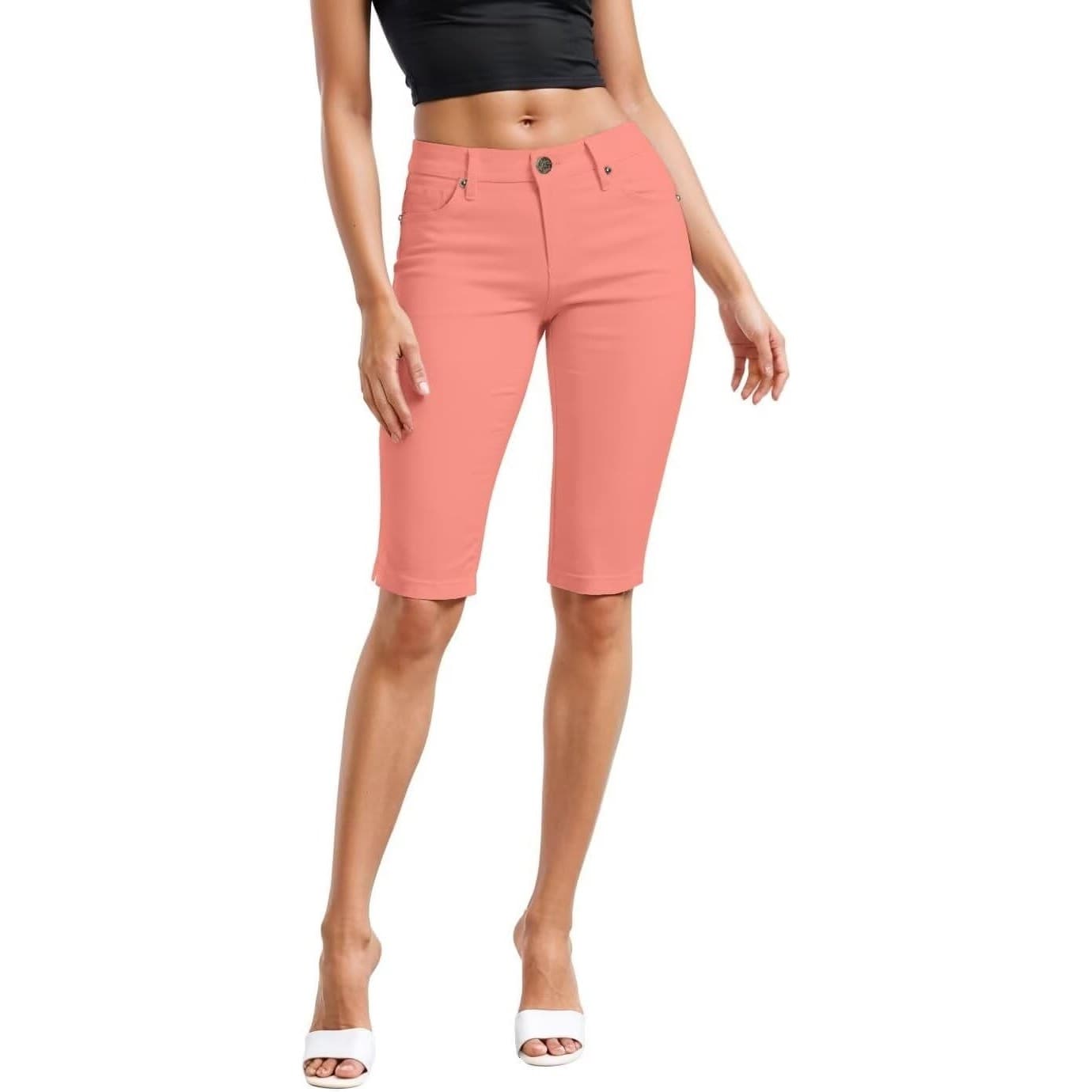 Hybrid & Company Women Bermuda Shorts Mid Rise Stretch Butt Lift Coral 9