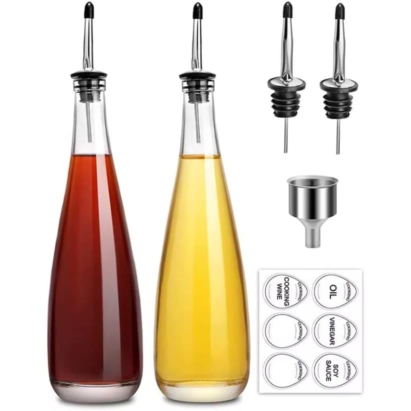 Oil & Vinegar Dispenser Set 2-Pack 500ml Glass Bottles w/ Pourer & Labels