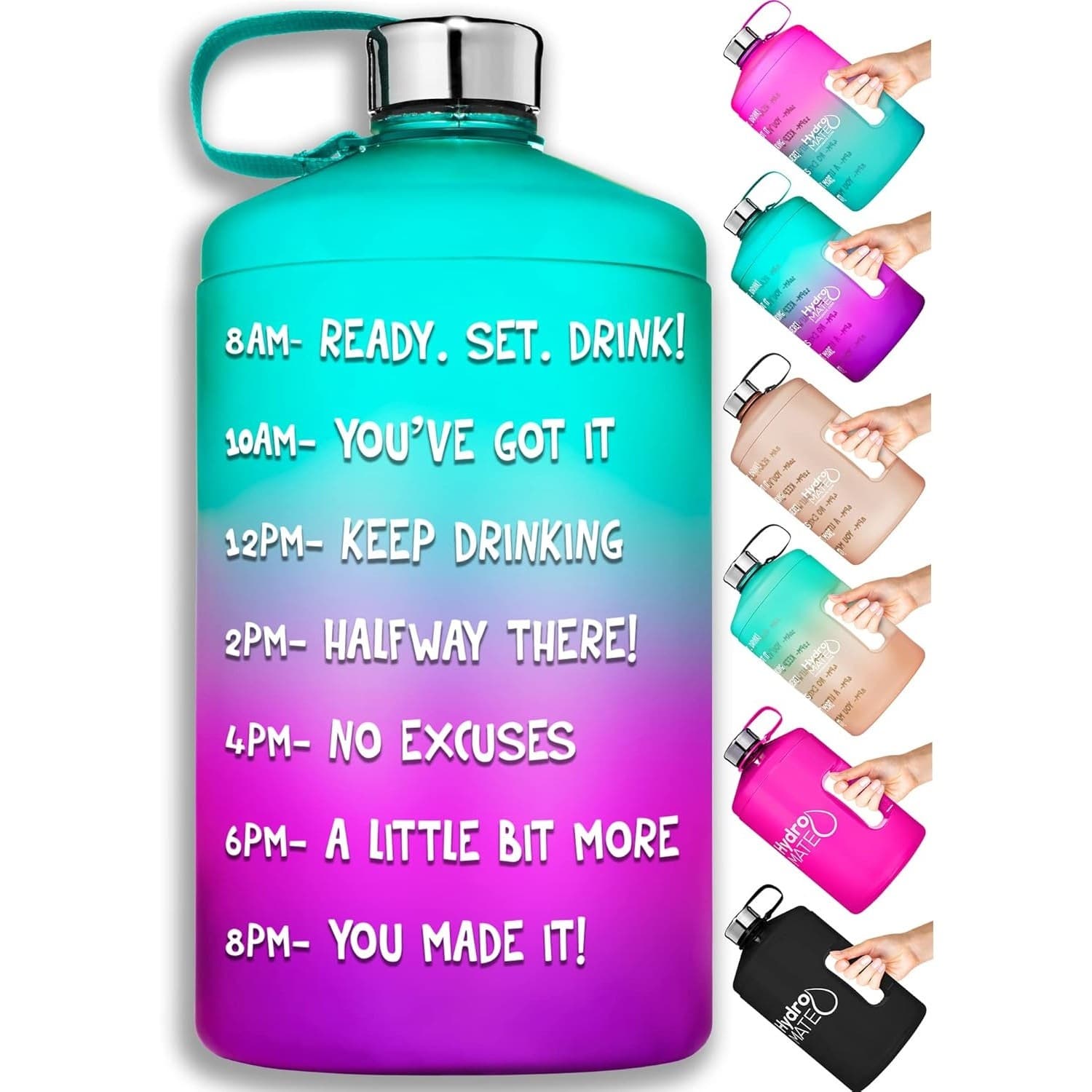 HydroMATE 1/2 Gallon Water Bottle 73oz BPA Free Leak Proof w Time Markings