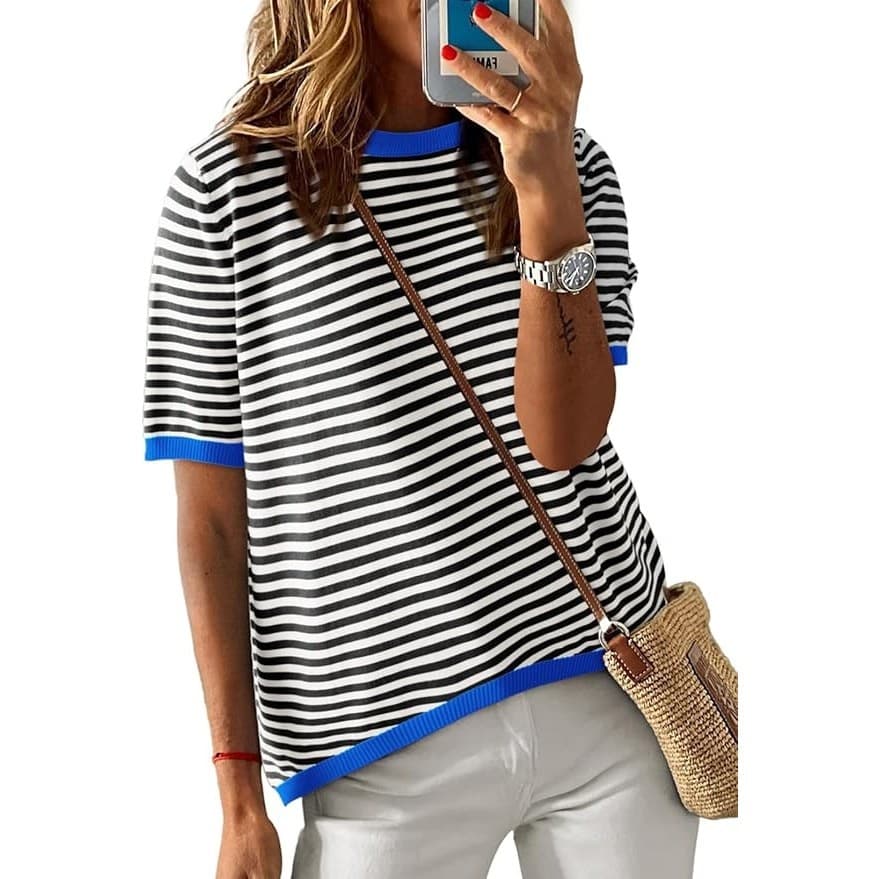 Womens Striped Knit Top Blue Trim Short Sleeve Casual Blouse 2XL Stretch