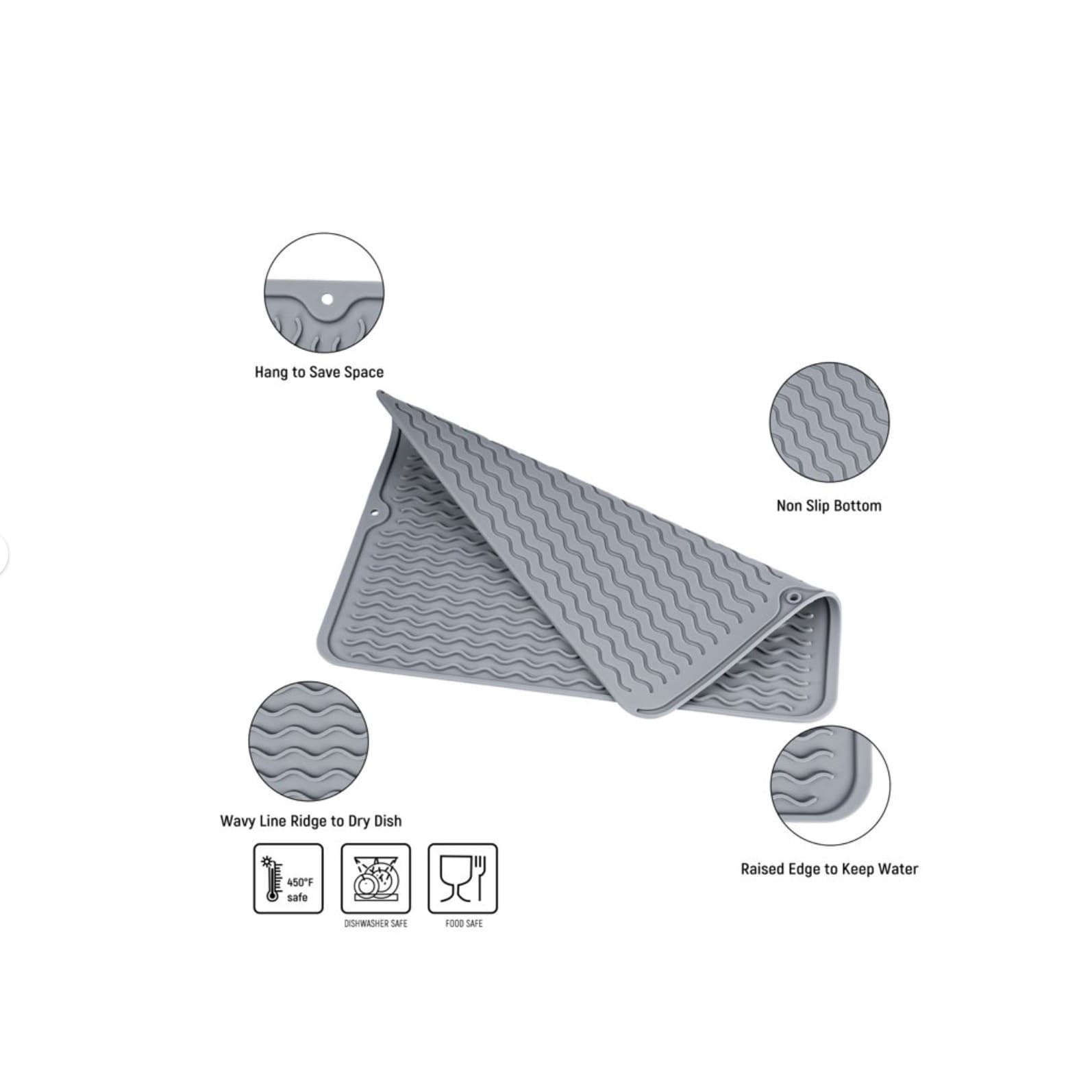 Silicone Dish Drying Mat Gray Heat Resistant Kitchen Counter Mat BPA Free