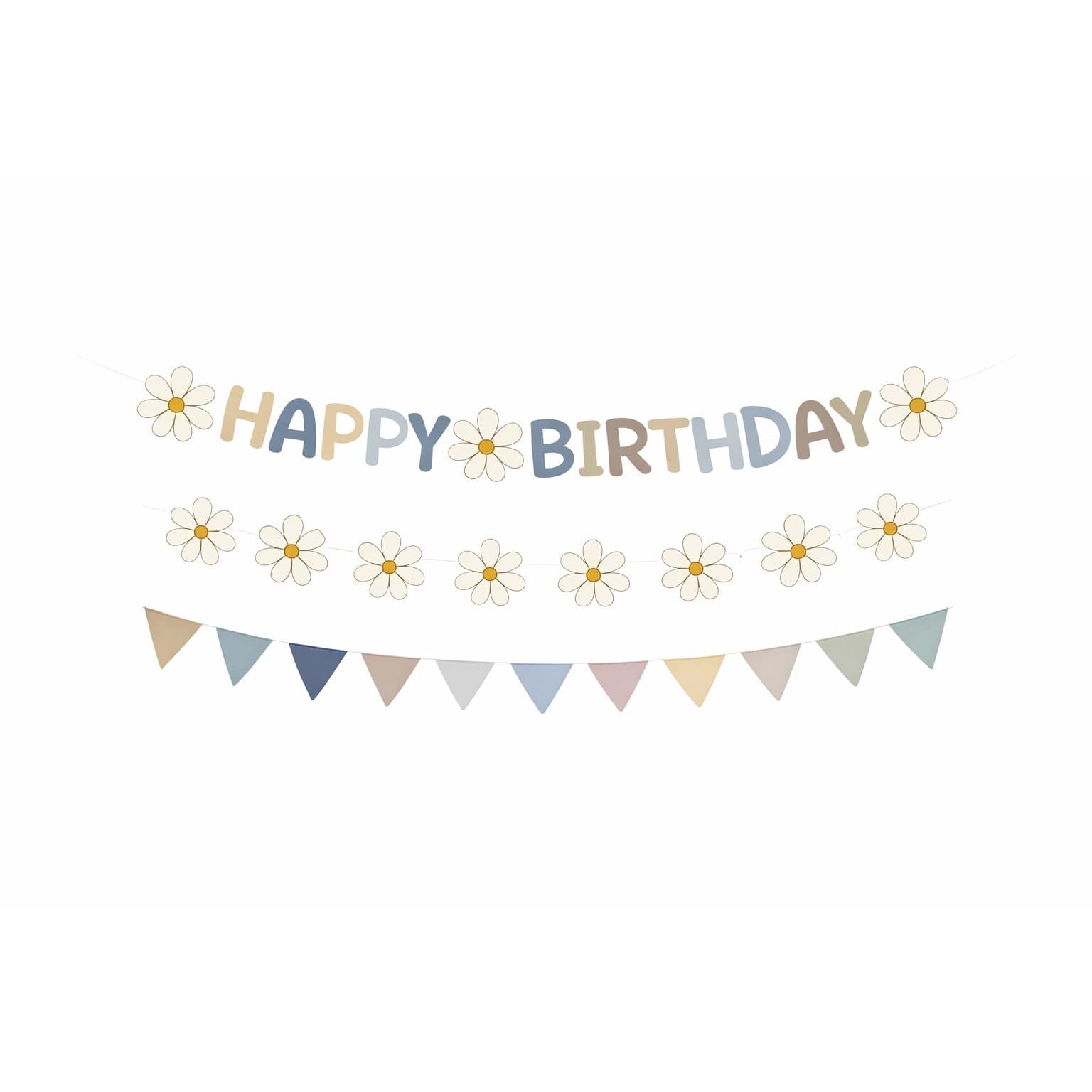 Happy Birthday Banner Daisy Floral Neutral Boho Birthday Party Decoration Set