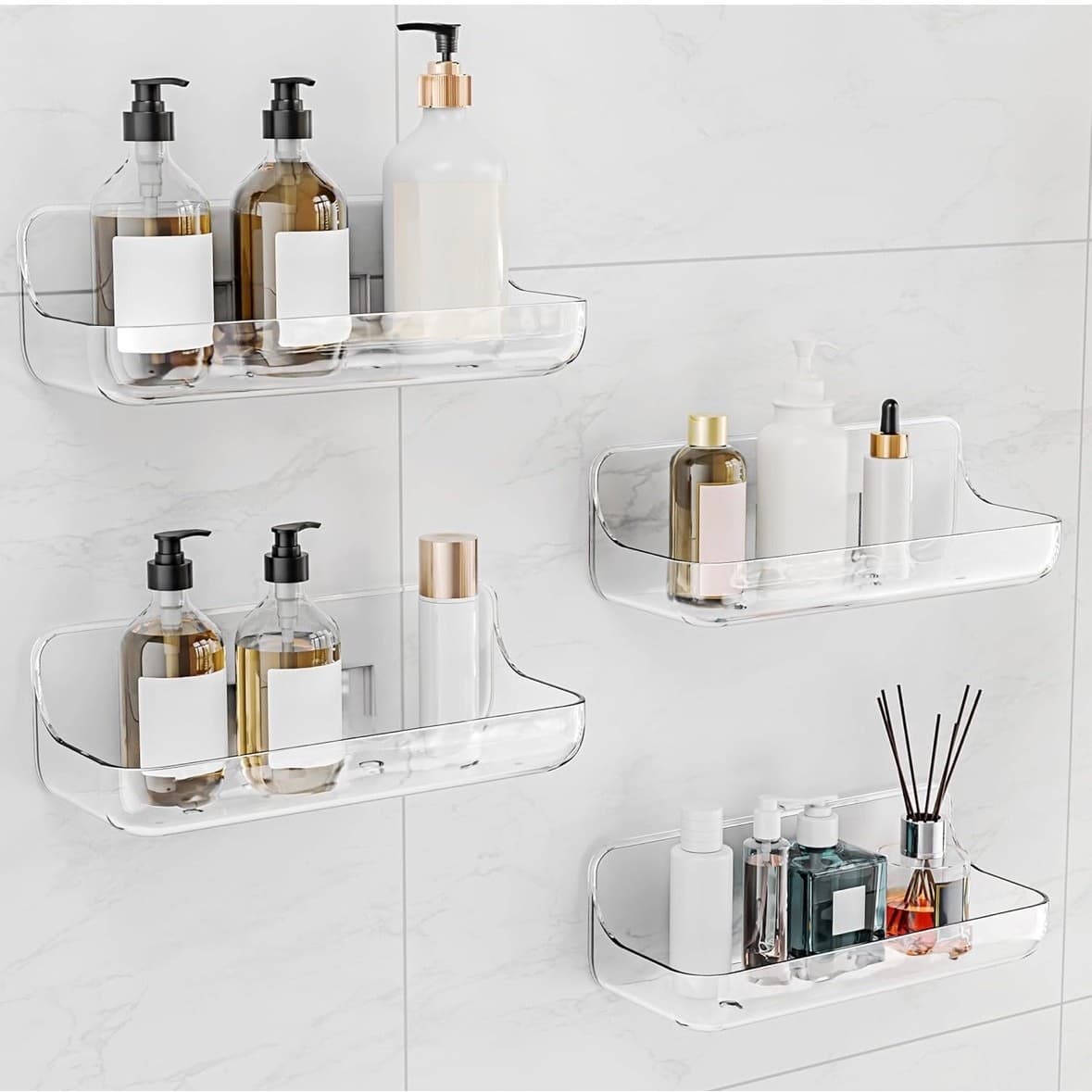 Adhesive Shower Caddy 4 Pack Acrylic Bathroom Shelves No Drill Wall Mount