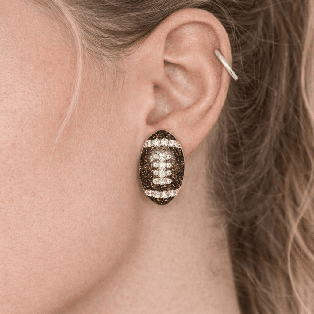 Football Rhinestone Stud Earrings Brown Sports Fan Game Day Jewelry Gift Women