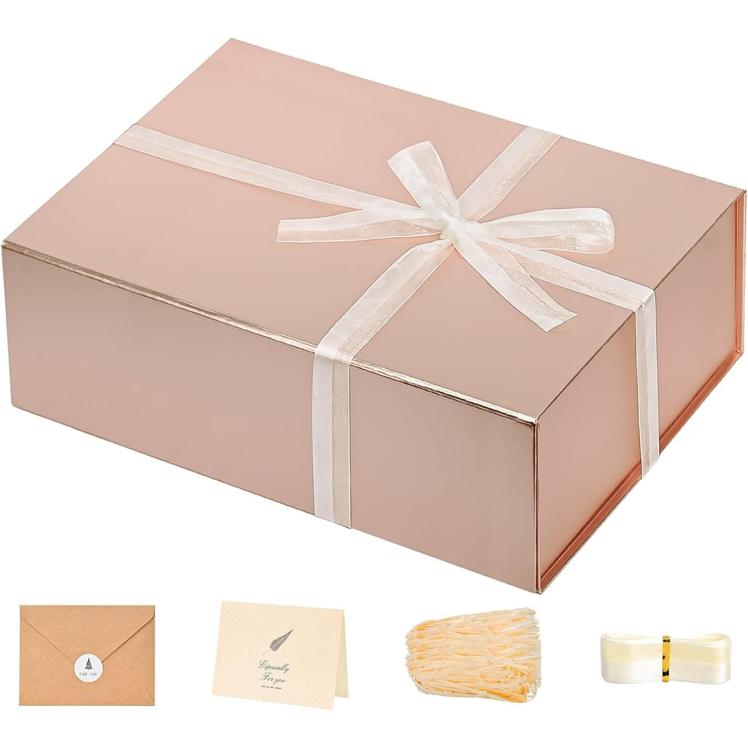 Luxury Rose Gold Magnetic Gift Box Ribbon Card Filler Large Present Box