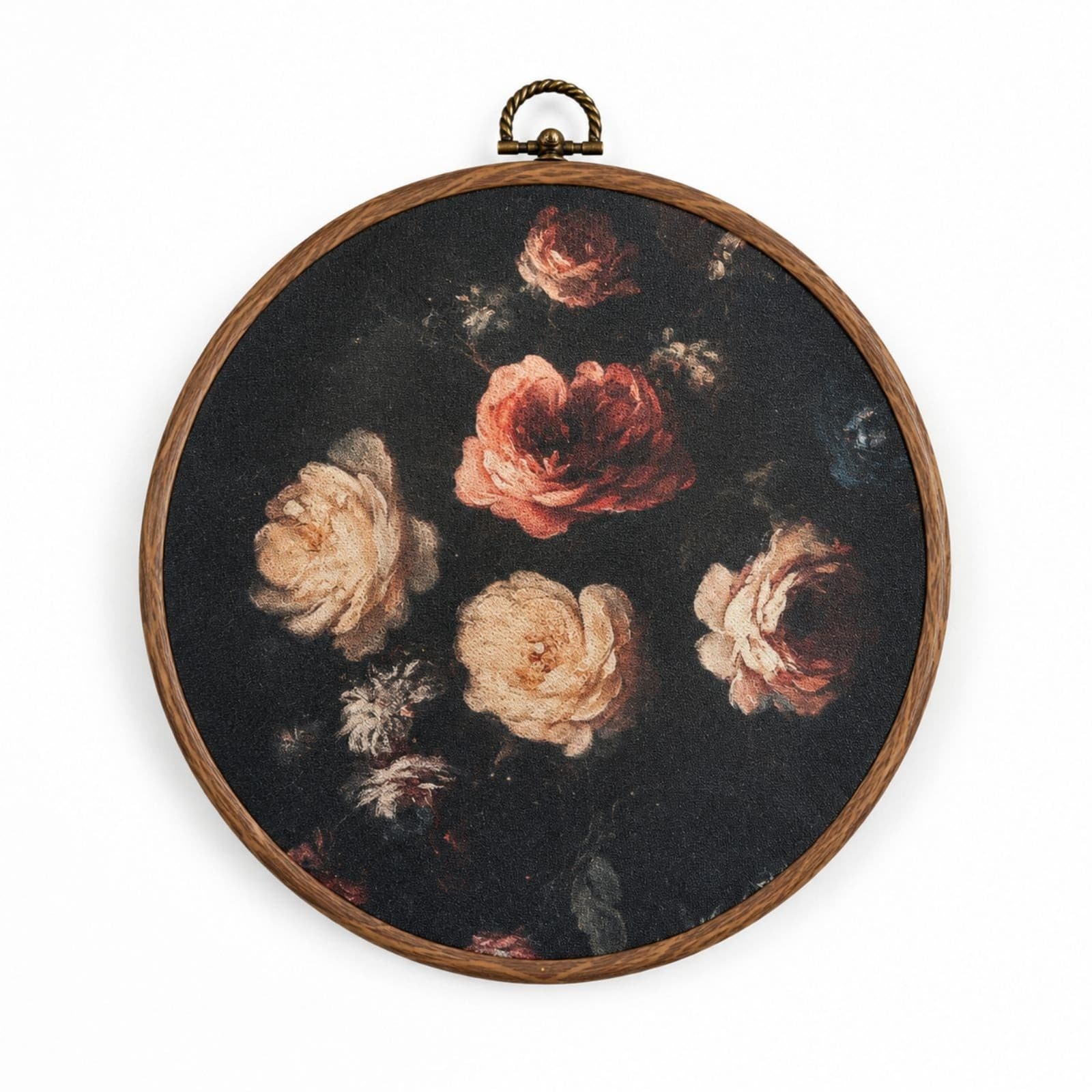 Vintage Floral Round Wall Art 10” Wooden Frame Dark Cottagecore Decor