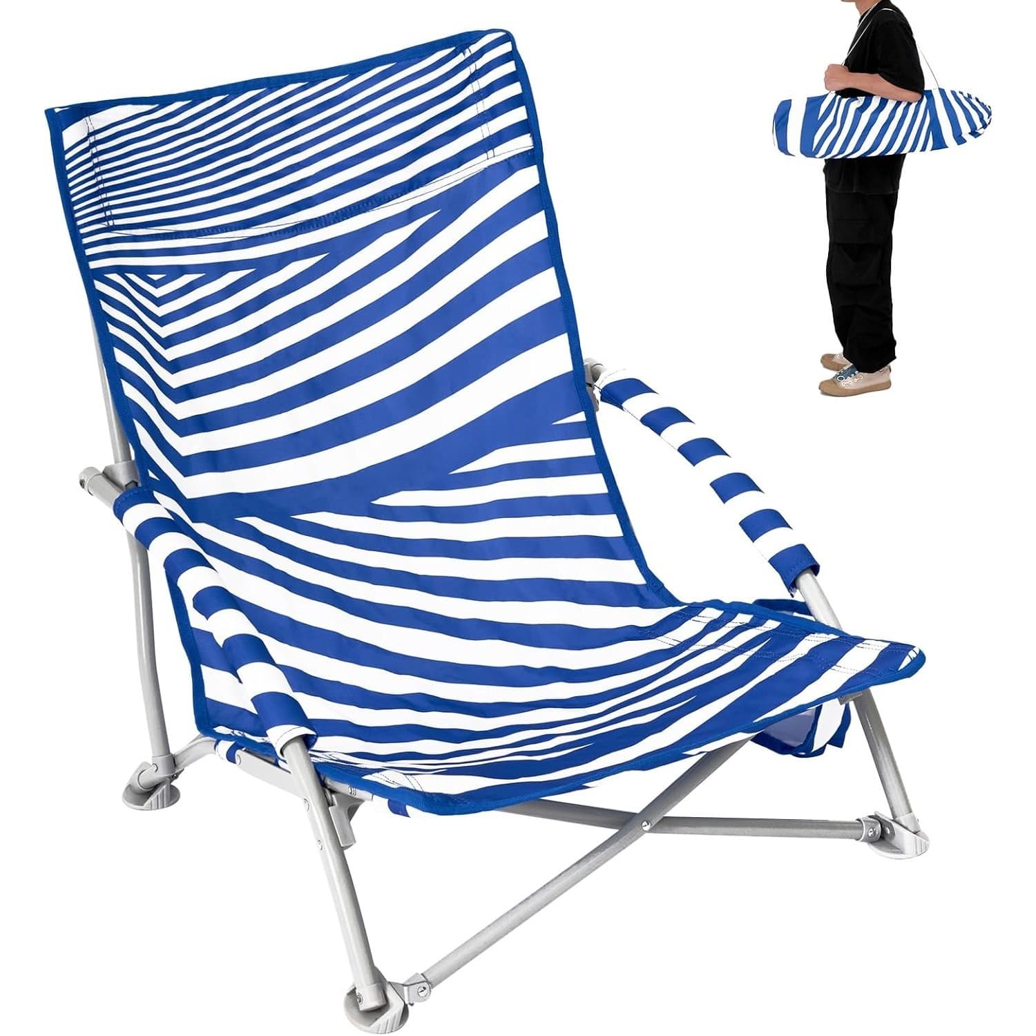 Beach Chair Backpack Folding Low Sand Chair High Back Portable 300 lbs Blue