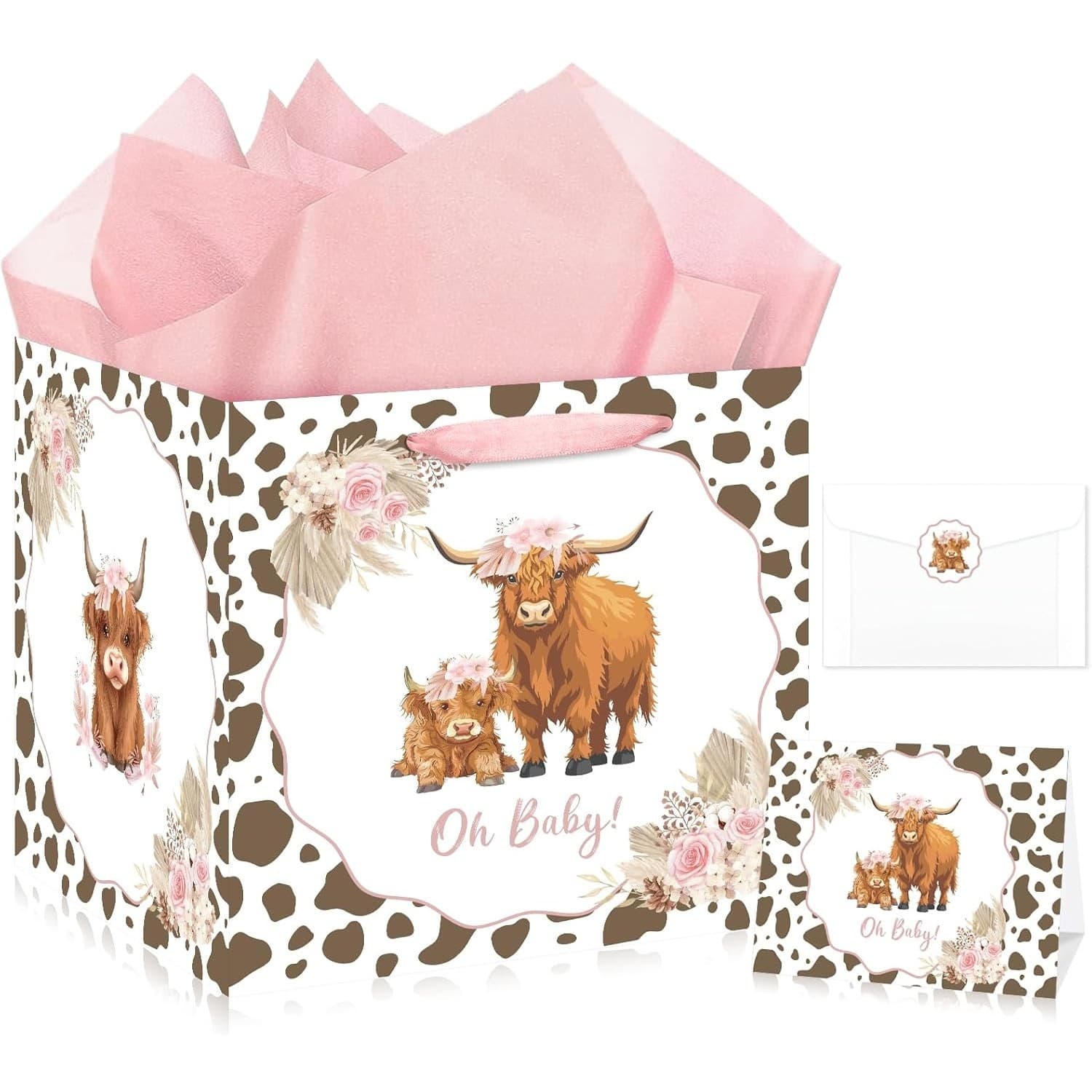 Extra Large Baby Girl Gift Bag Highland Cow Pink Boho Shower Set