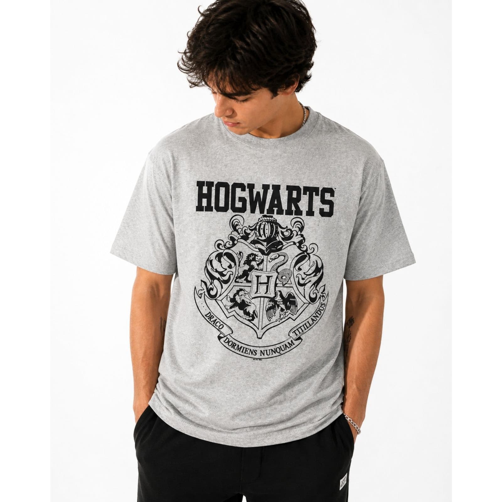 Harry Potter Hogwarts Logo Graphic Tee Gray Unisex Cotton Blend Size M