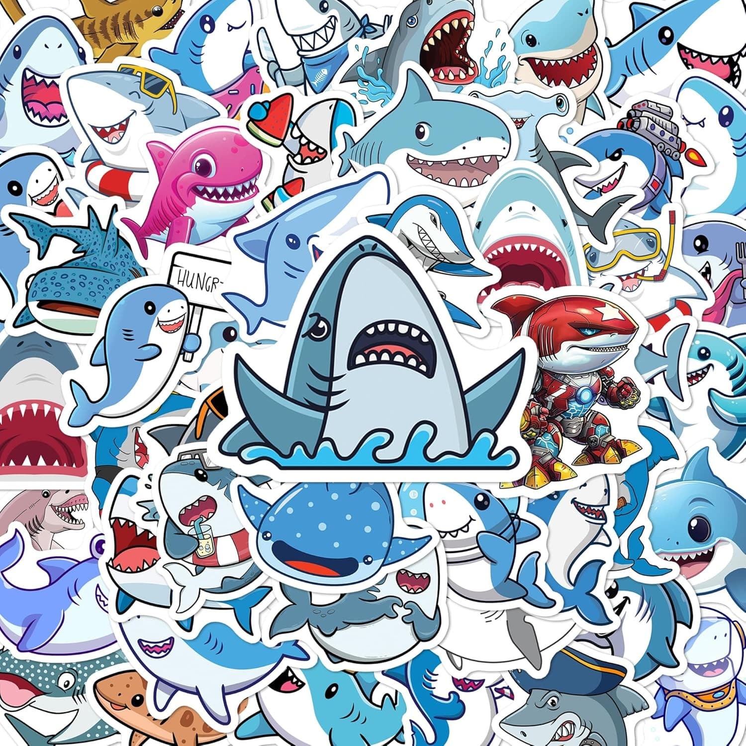 50PCS Cute Shark Stickers Waterproof Vinyl Decal Laptop Bottle Skateboard