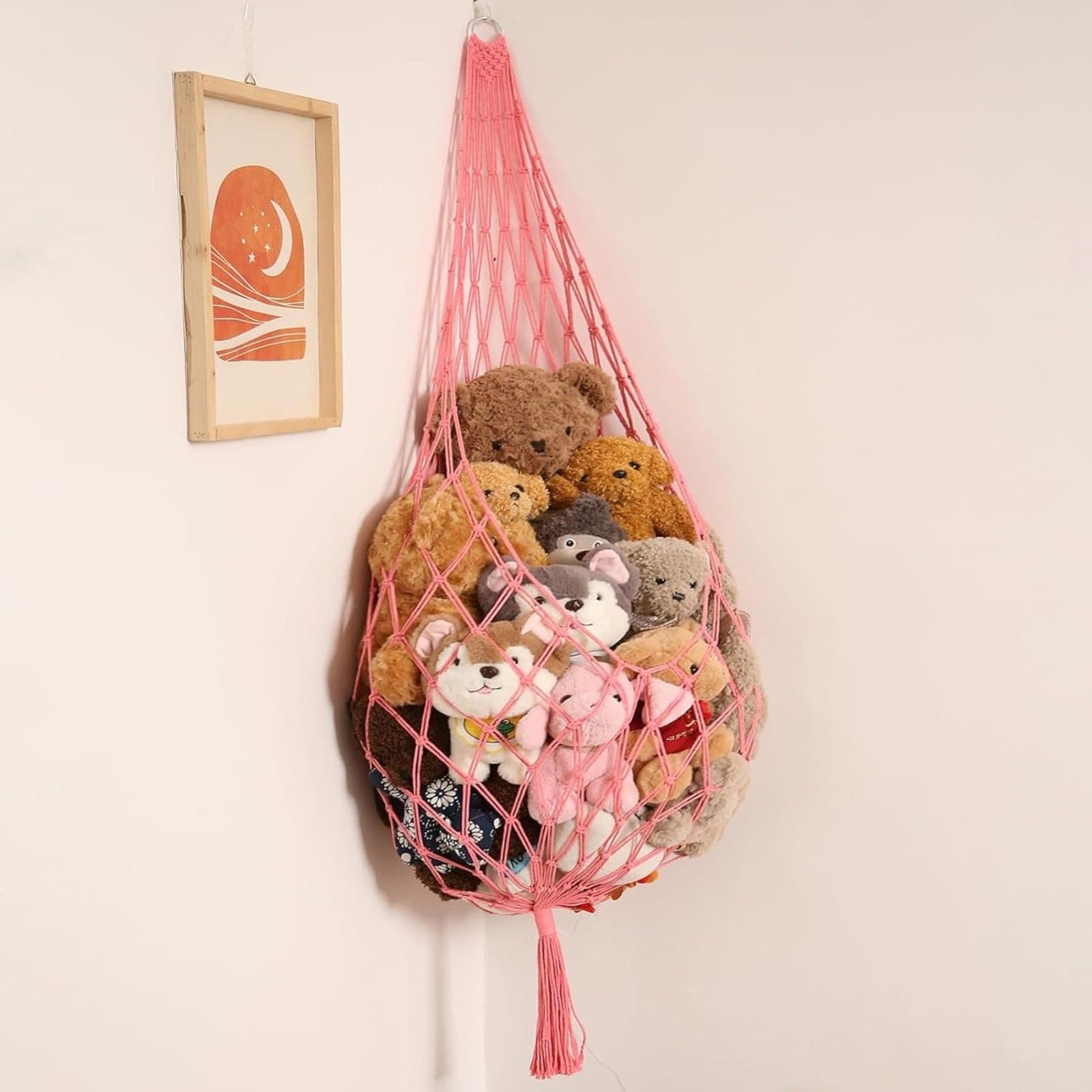 Stuffed Animal Hammock Corner Net Pink XXL Macrame Plush Toy Storage Wall Holder
