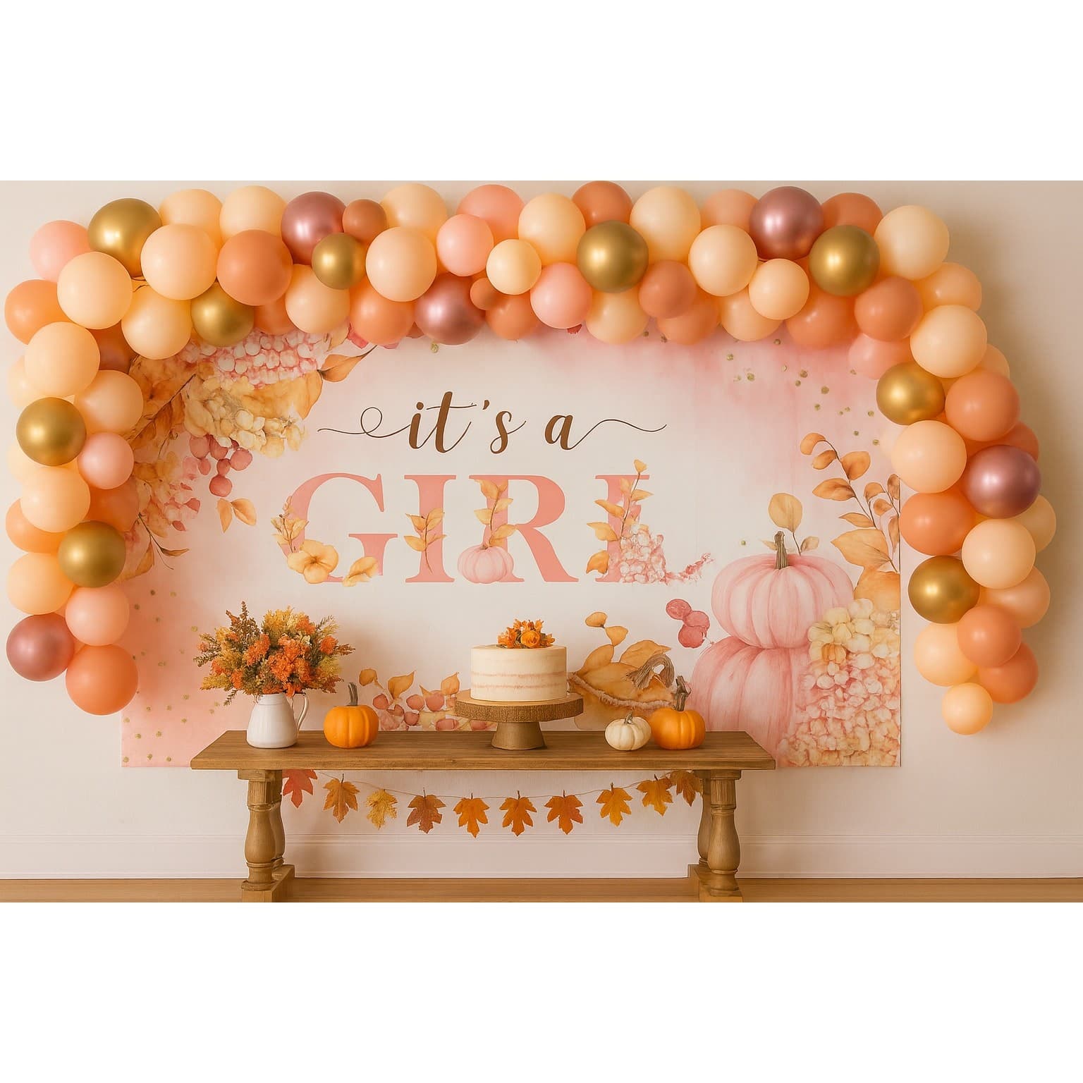 It’s a Girl Baby Shower Backdrop 7x5ft Fall Pumpkin Floral Polyester Fabric Deco