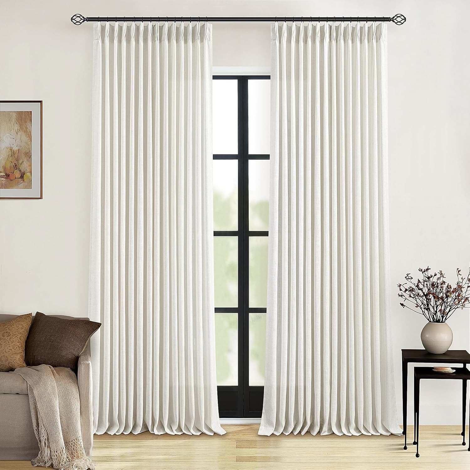 TWODRAPES 92x40 Linen Pinch Pleat Curtains Natural Light Filtering 2 Panels