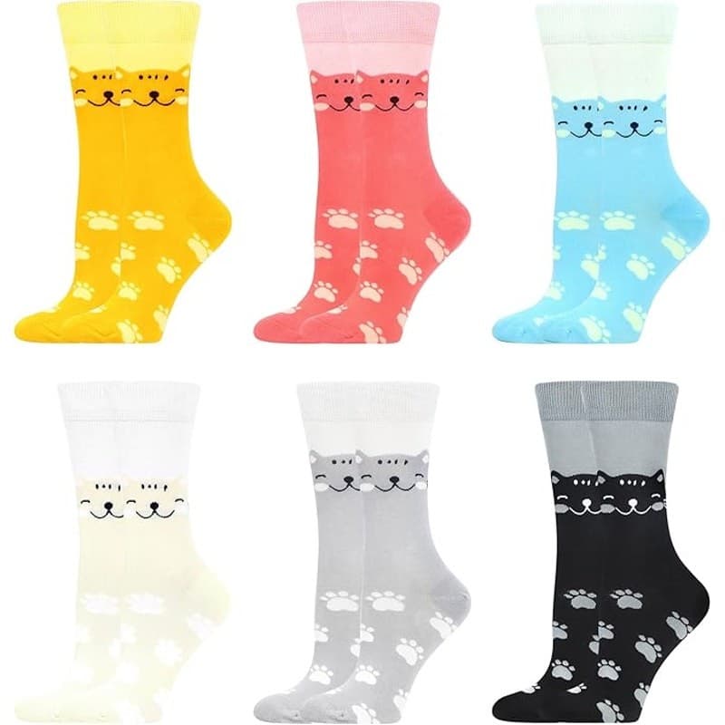 Women Cat Crew Socks 6 Pairs Cotton Cute Novelty Animal Pattern Dress Socks 5–9