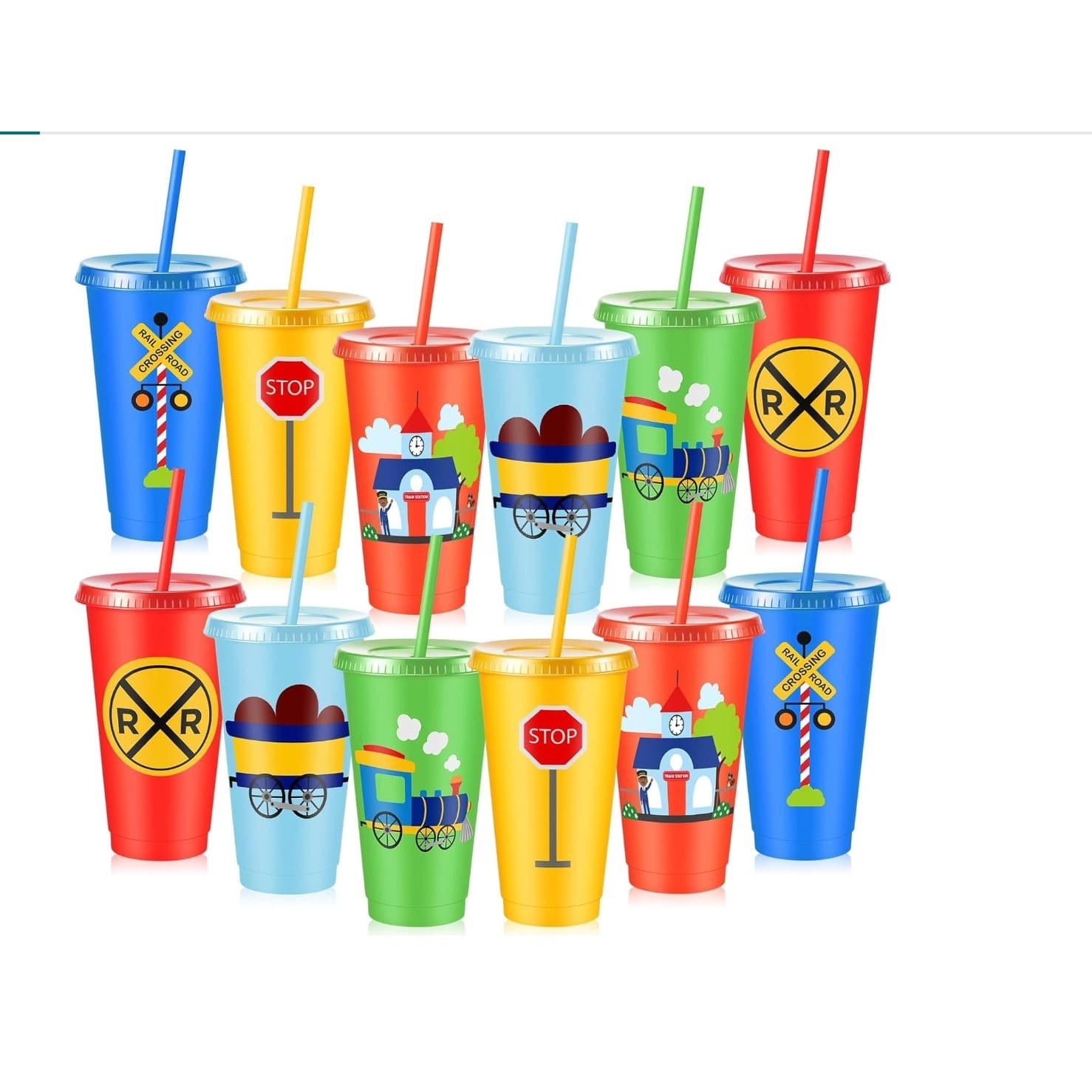 12 Train Party Cups 24oz Kids Tumbler Set w Lid Straw Reusable Plastic