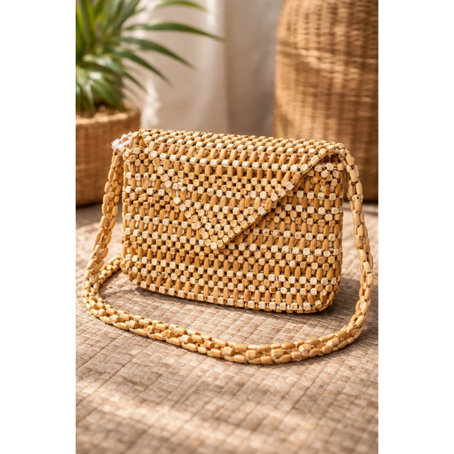 Universal Thread Wood Beaded Clutch Crossbody Purse Boho Woven Handbag