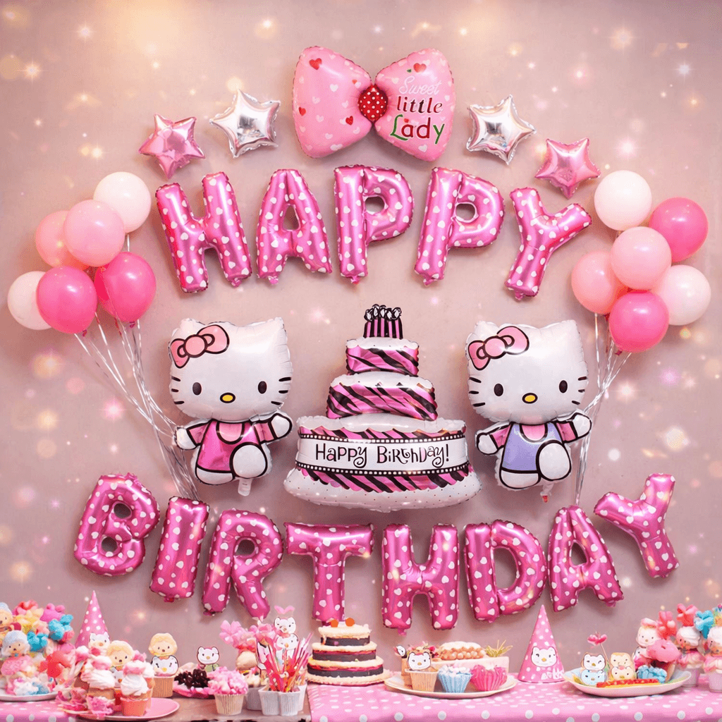 24pcs Kitty Birthday Girls Balloon Set Pink Party Decor Foil Balloons Kit