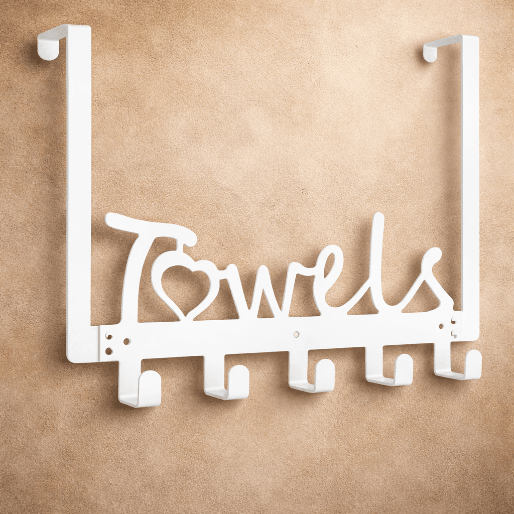 Over Door Towel Rack Metal 5 Hooks White Bathroom Organizer Hanger