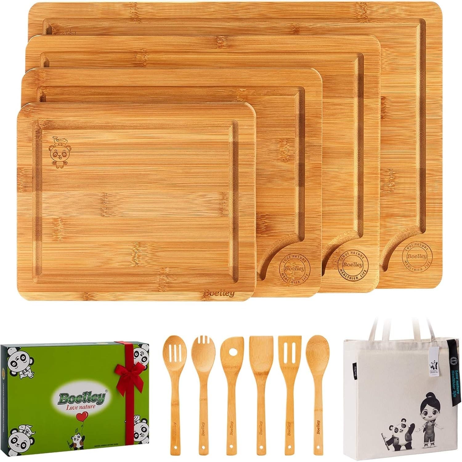 Bamboo Cutting Board Set 11-Piece w/ Juice Groove Utensils & Canvas Bag