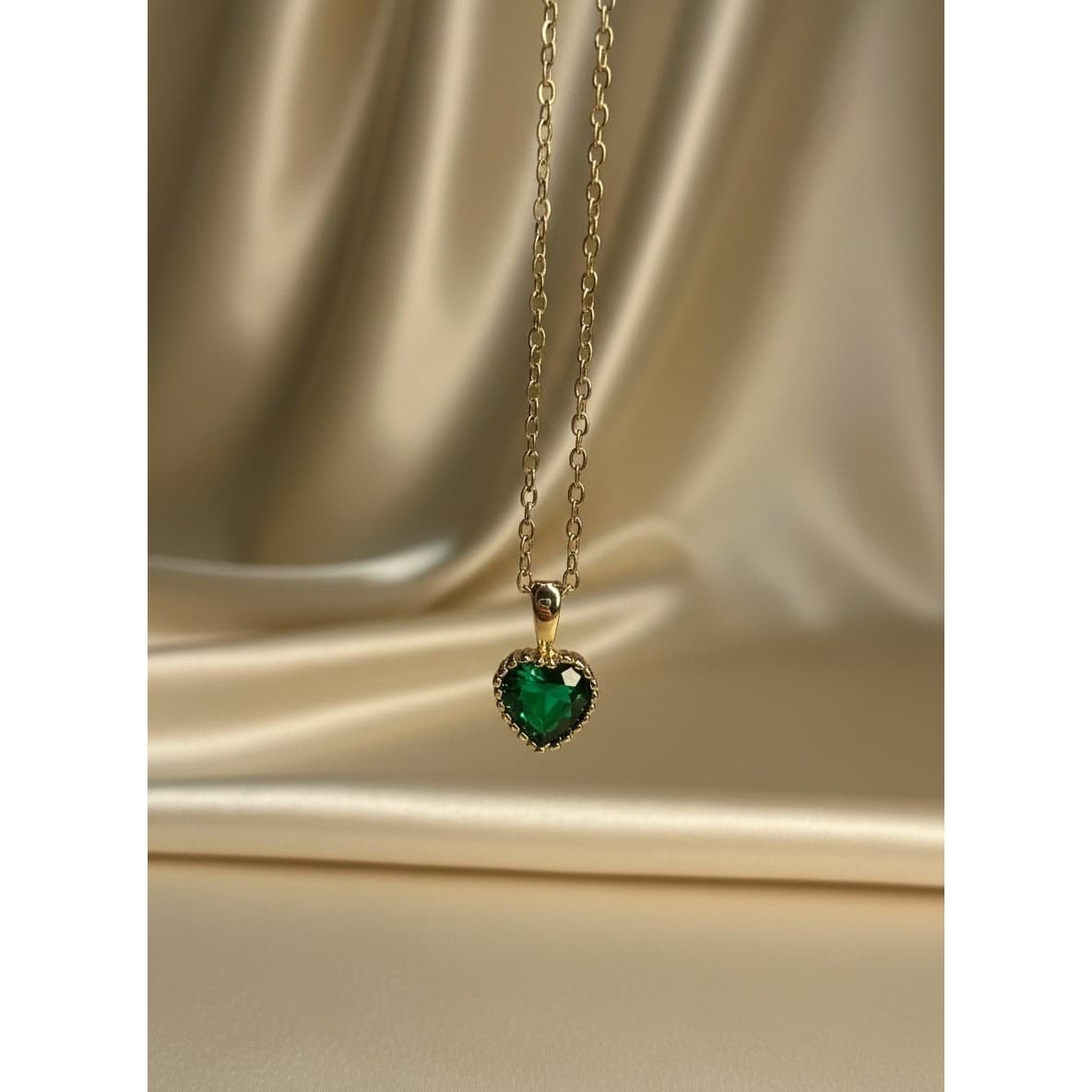 Emerald Green Heart Pendant Necklace Gold Tone CZ Dainty Women Gift Adjustable