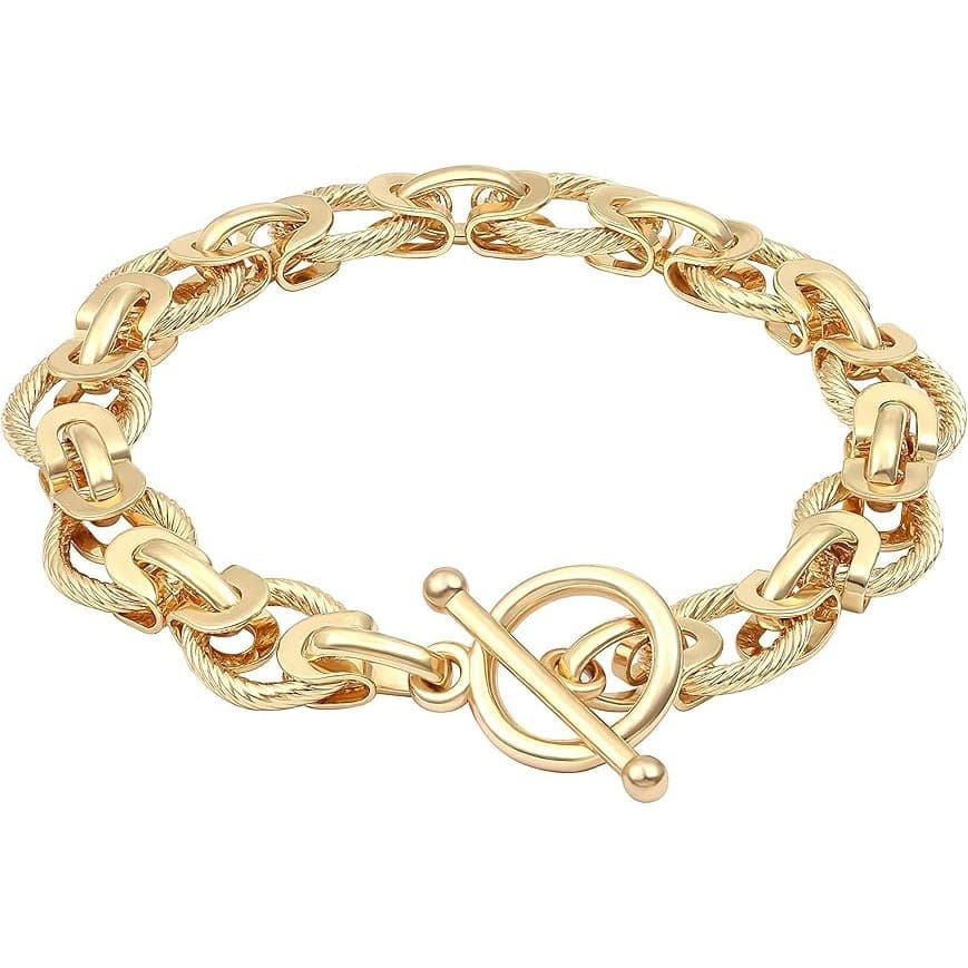 18K Gold Plated Chunky Oval Link Toggle Bracelet for Women 7.87" Cuban Style