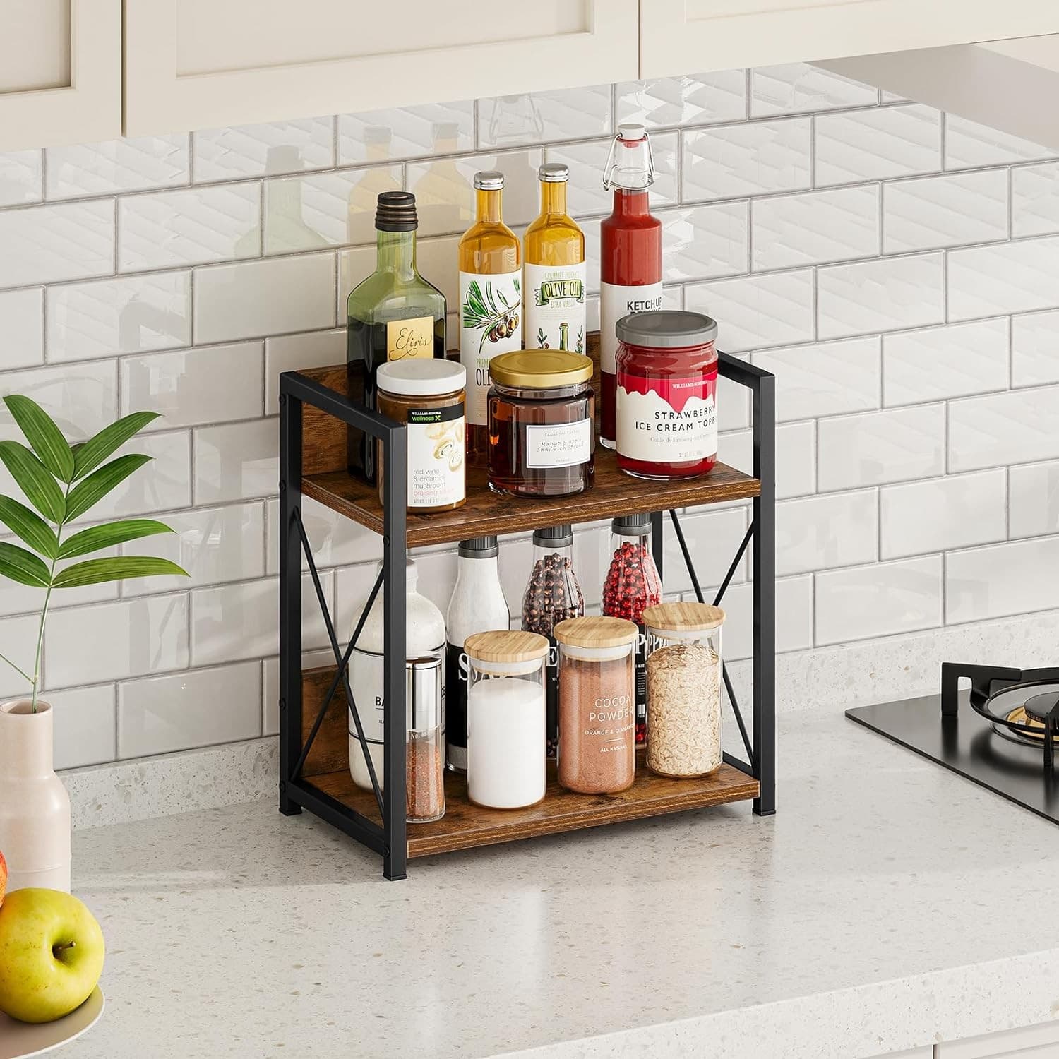 2 Tier Spice Rack Organizer Kitchen Counter Coffee Bar Storage Wood Shelf