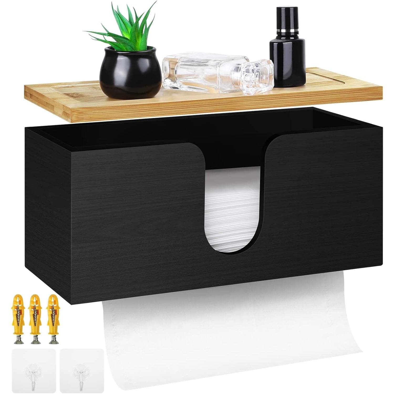 Wood Paper Towel Holder Wall Mount Dispenser Kitchen Napkin Rack Bamboo Lid