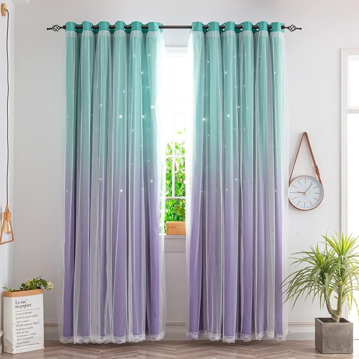 Kids Princess Star Curtains Purple Teal Blackout Sheer 84x52 1 Panel