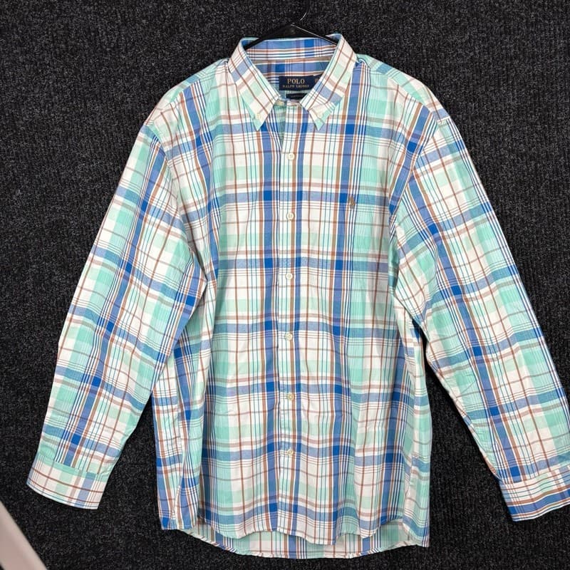 Polo Ralph Lauren Custom Fit Plaid Button Down Shirt 3XL Teal Blue Brown