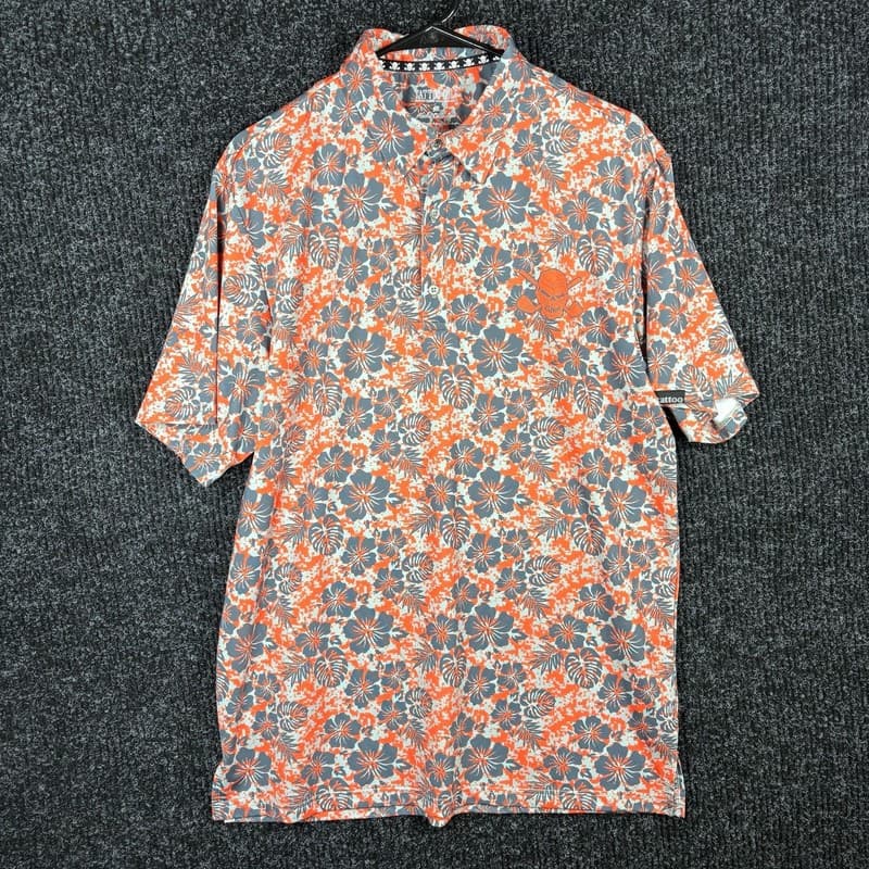 Tattoo Golf Aloha Collection Orange and Grey Floral Skull Polo Shirt