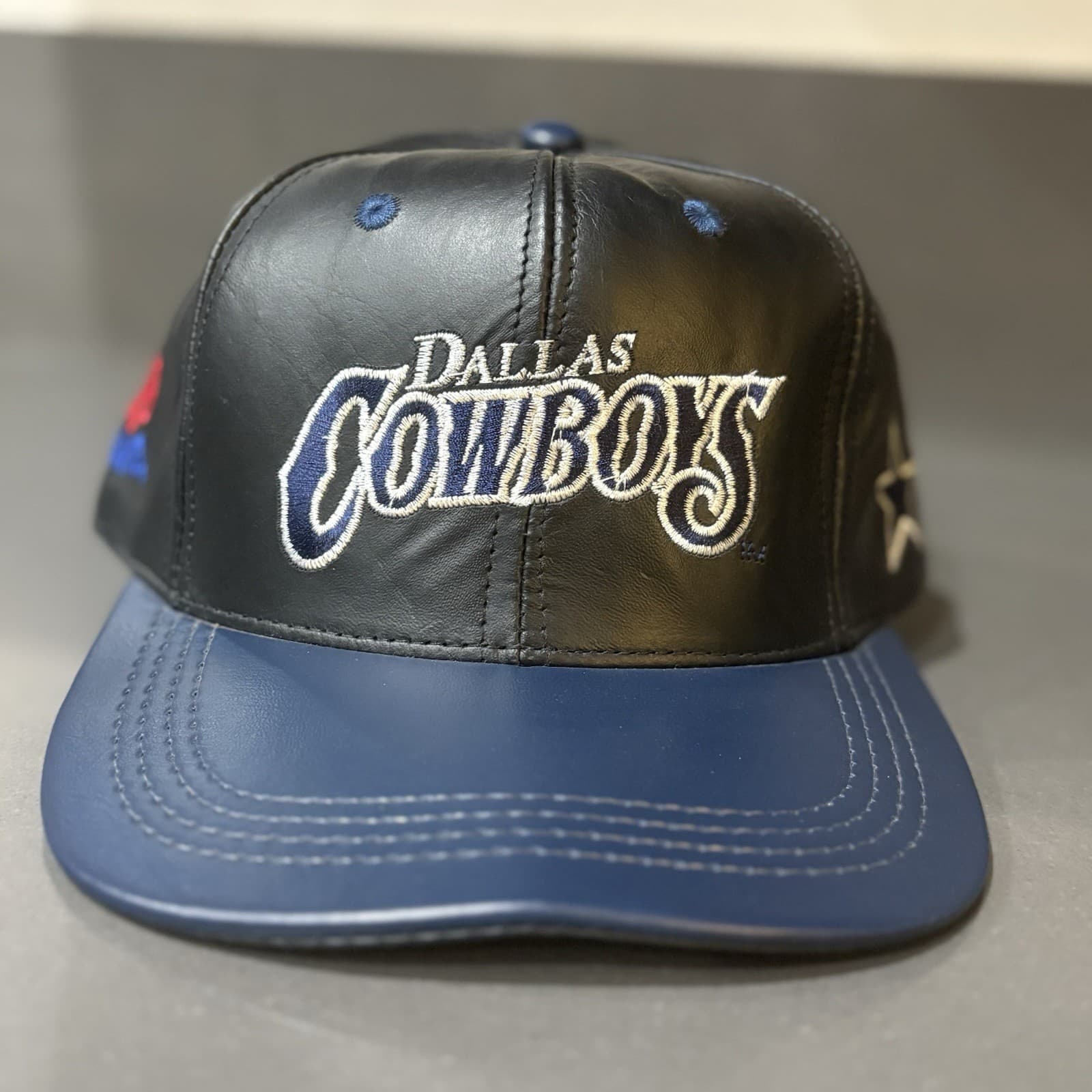 VINTAGE Dallas Cowboys Hat Cap Men Snapback Black Genuine Leather NFL 90s USA