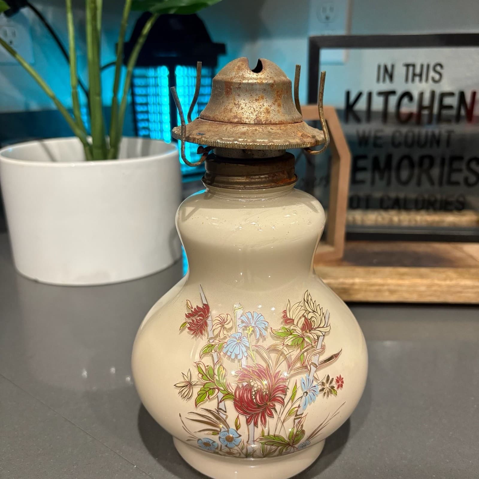 Vintage 1980 Kaadan Ltd. Glass Oil Lamp Base with Floral Design