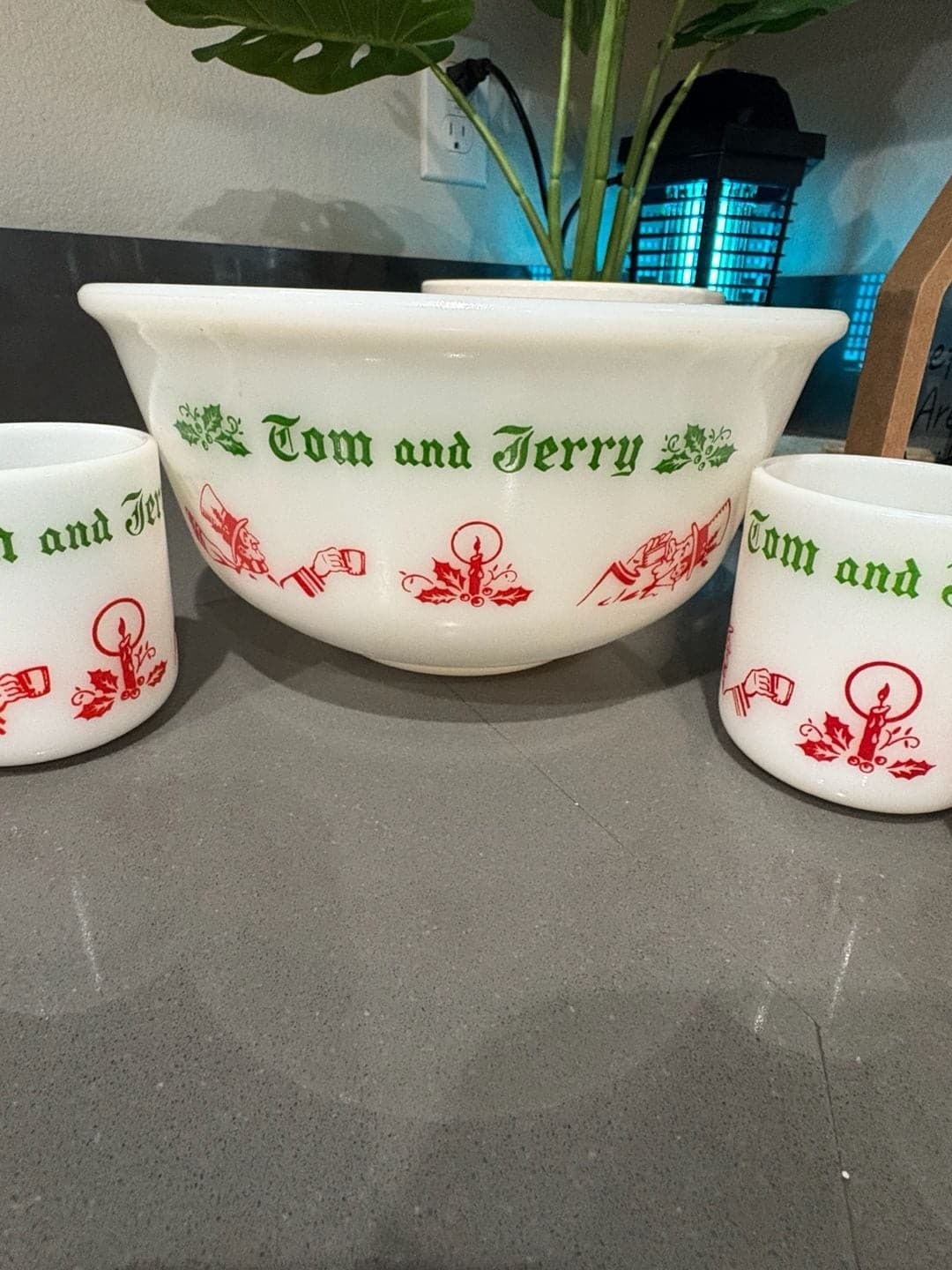 Vintage Hazel Atlas Tom and Jerry Milk Glass Christmas Punch Bowl Set with 6 Cup