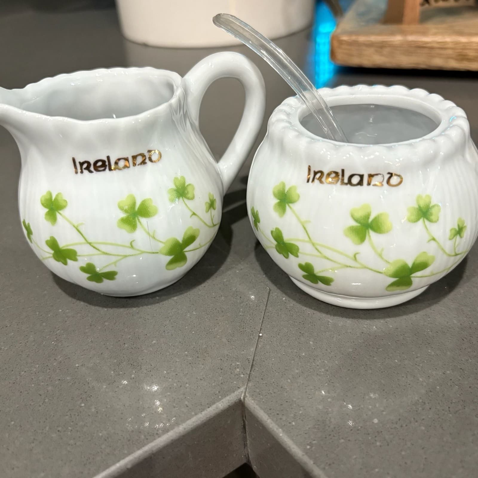 Vintage Ireland Shamrock Pattern Porcelain Creamer and Sugar Bowl Set