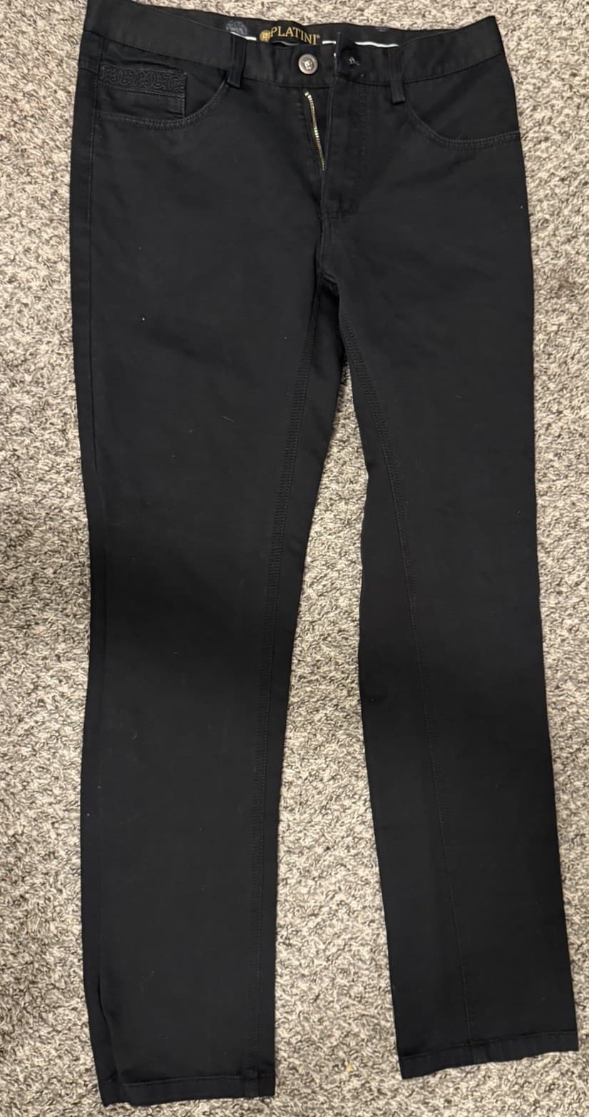 Platini Mens Black check Plaid Chino Straight Leg Stretch Pants 30x32