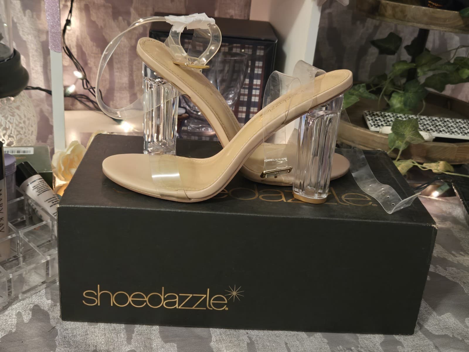 🚨JustFab Clear Heels For Women 4Inches Chunky Heels Sandals Nude Ankle- Size 10