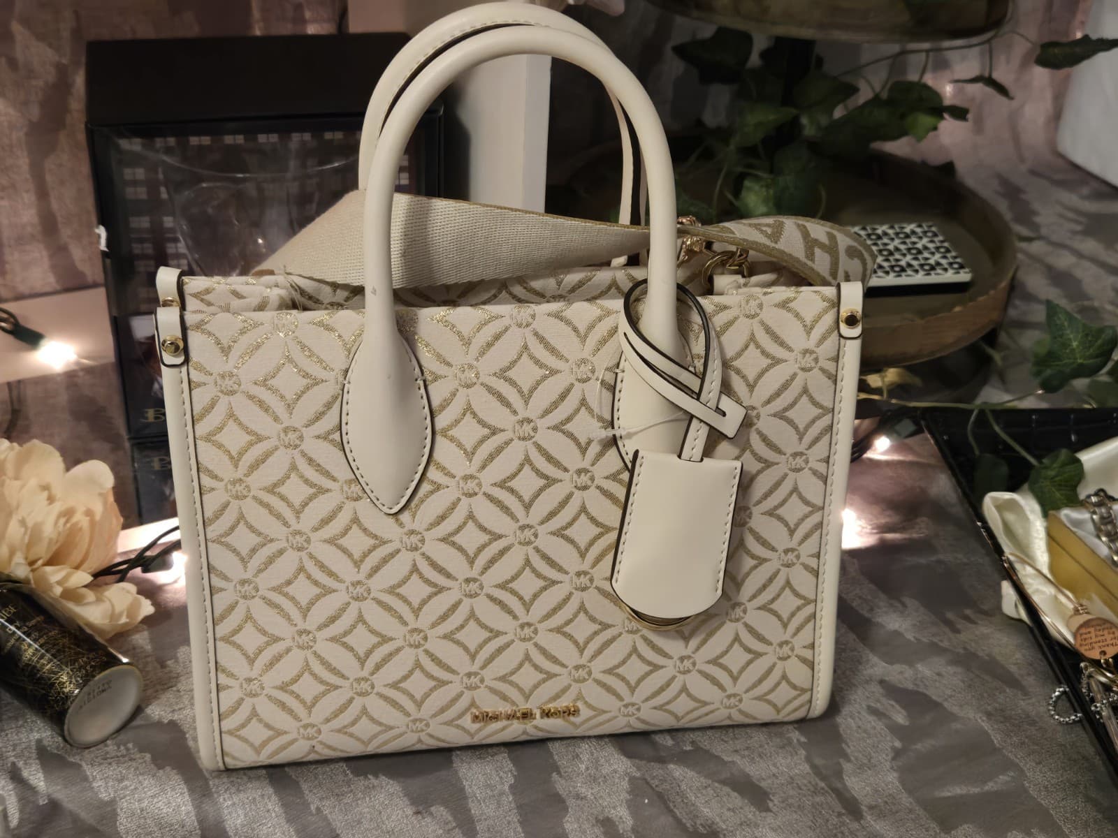 Michael Kors Mirella Small Shopper Tote Crossbody Cream Gold MK Logo NWT