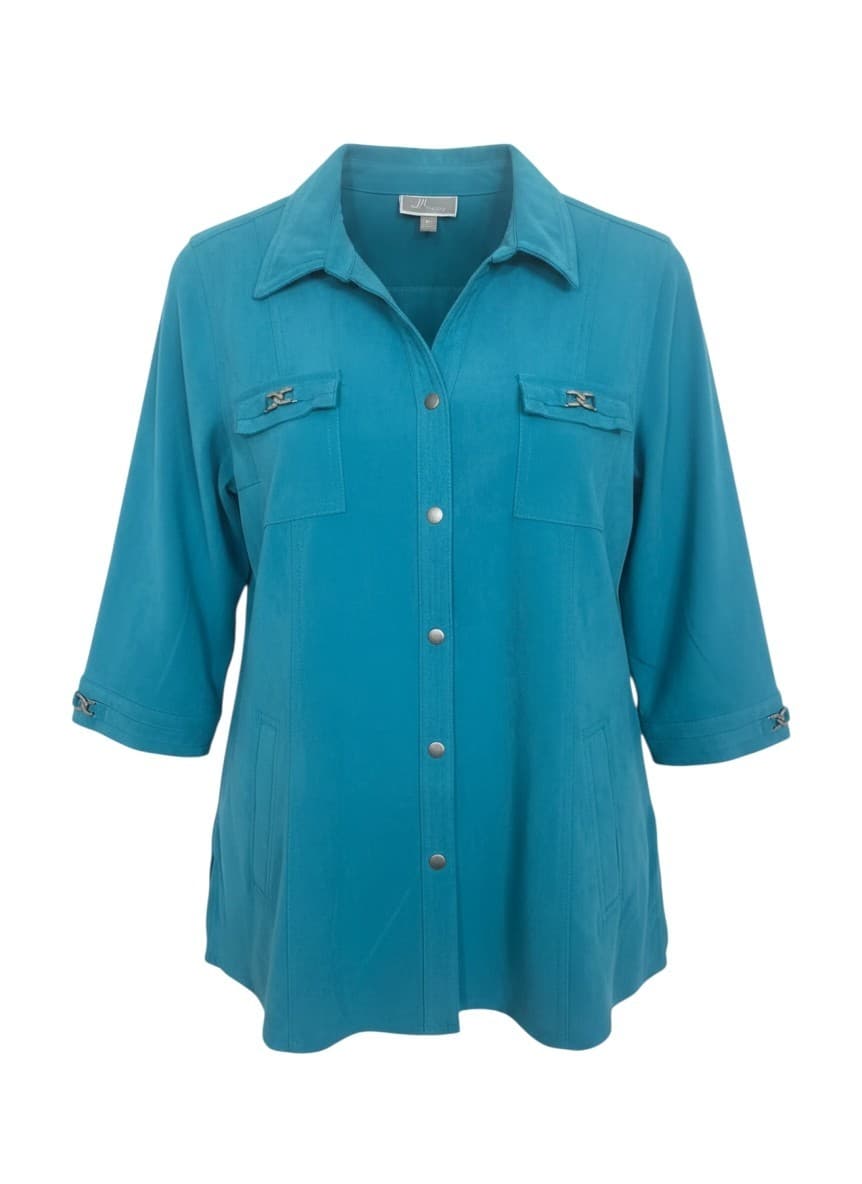 JM Collection Teal Blue Faux Suede Long Sleeve Button Down L