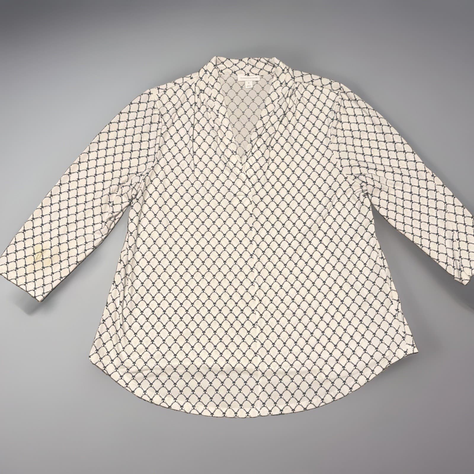 Charter Club White Black Geometric Button 3/4 Sleeve V-Neck Knit Blouse XL