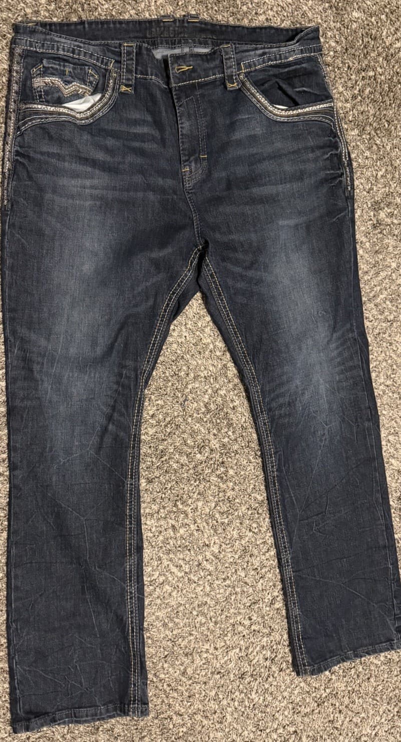 Lamasini Men Jeans Blue 34x32 Embroidered Pockets Thick Stitch Dark Wash