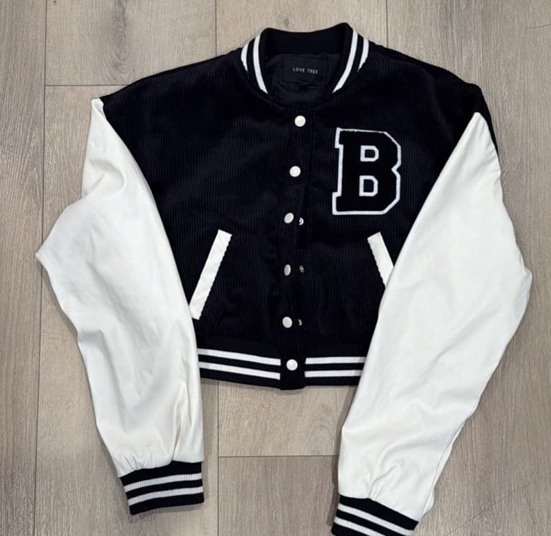 Love Tree Kids Black White Varsity Jacket Letter Striped Ribbing Snap Large