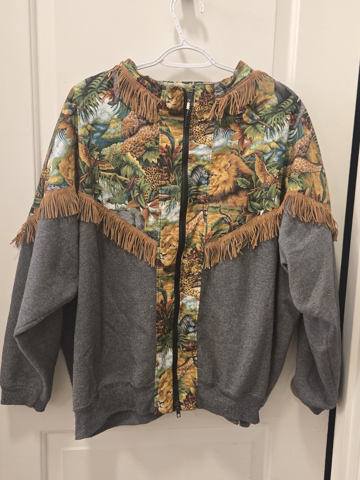 Vintage Safari Animal Print Fringe Zip Up Sweatshirt Jacket Womens 18W 20W