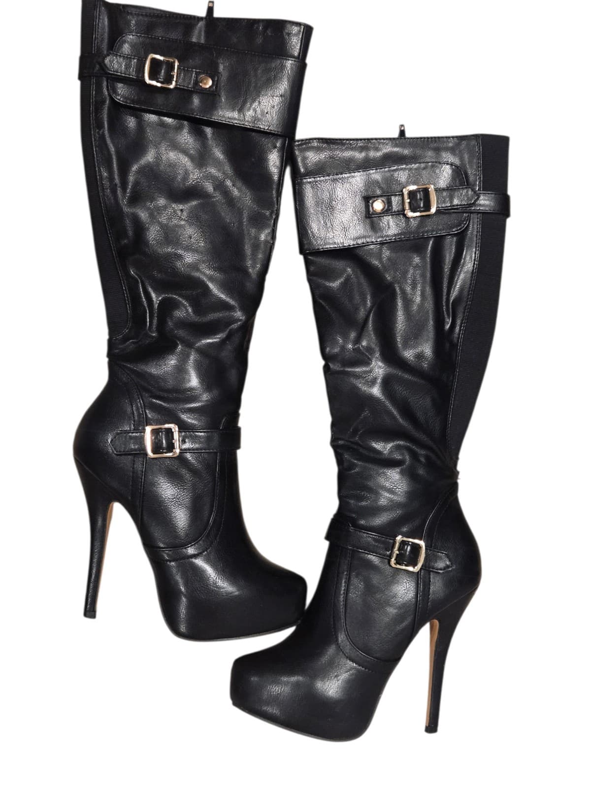 Nature Breeze Knee High Boots Womens Size 7 Black Stiletto Heel Platform Buckle