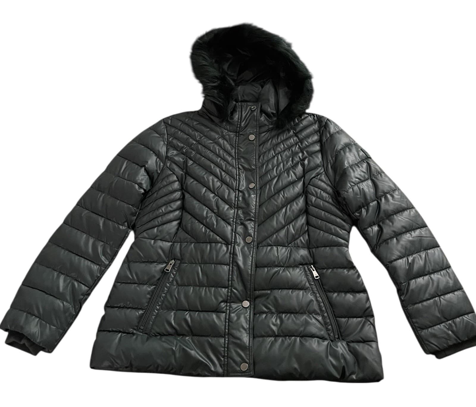 Kenneth Cole Down Puffer Jacket Removeable Faux Fur Hood Women's Size XL Green