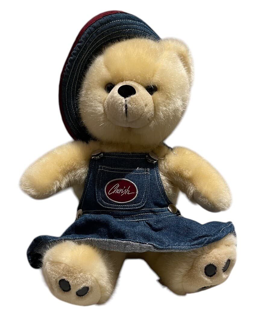 Cherish Collection Teddy Bear Plush Denim Skirt &Hat Blonde Soft Faux Fur EarTag