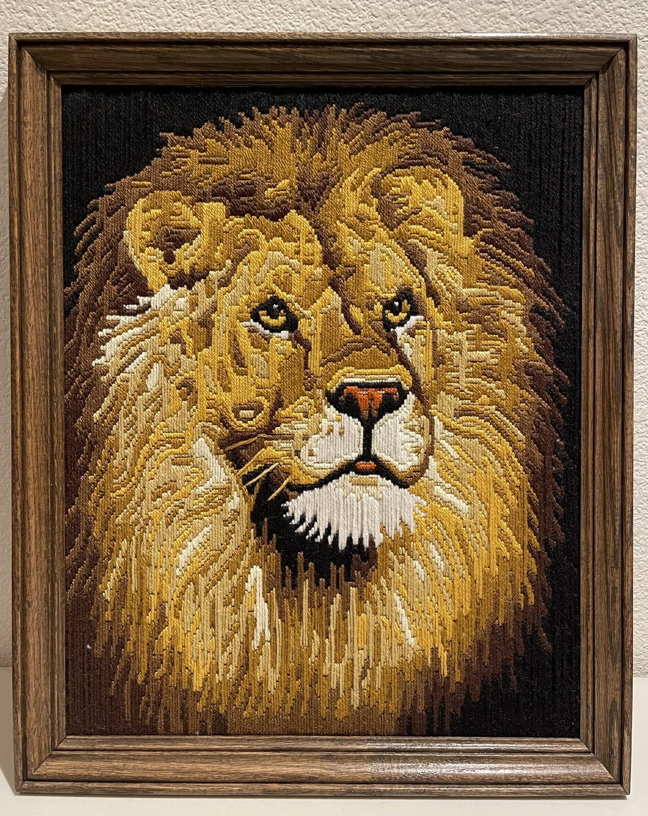 Large completed latch hook (cross stitched), Lion, ready for hanging, 18” X 22”