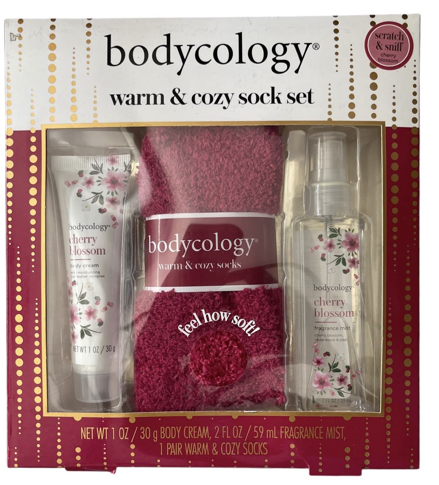 Bodycology Warm & Cozy Sock Set Cherry Blossom Fragrance Mist & Body Cream NEW