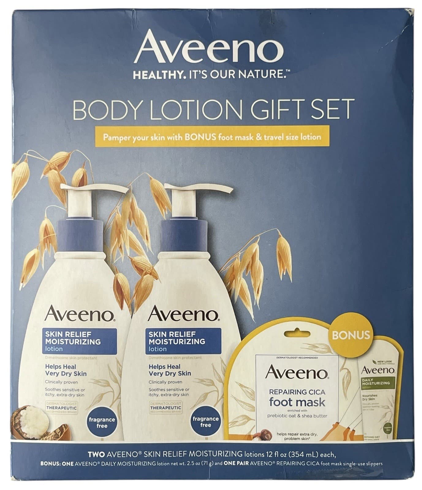 NIB Aveeno Body Lotion Gift Set With Bonus Foot Mask & Travel Size Lotion
